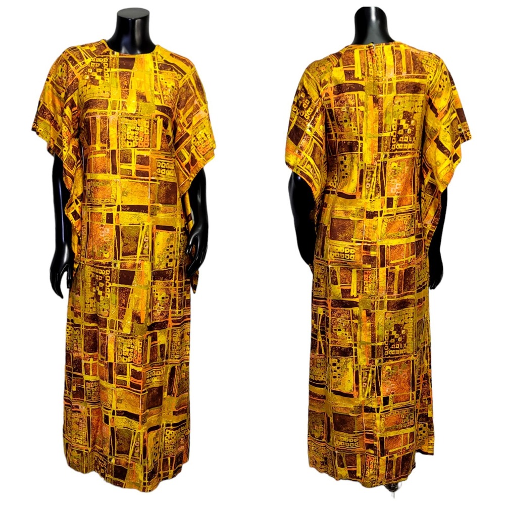 Vintage Made in Hawaii Pake Muu Dress‎ XS Yellow Abstract Geometric Cotton Tiki